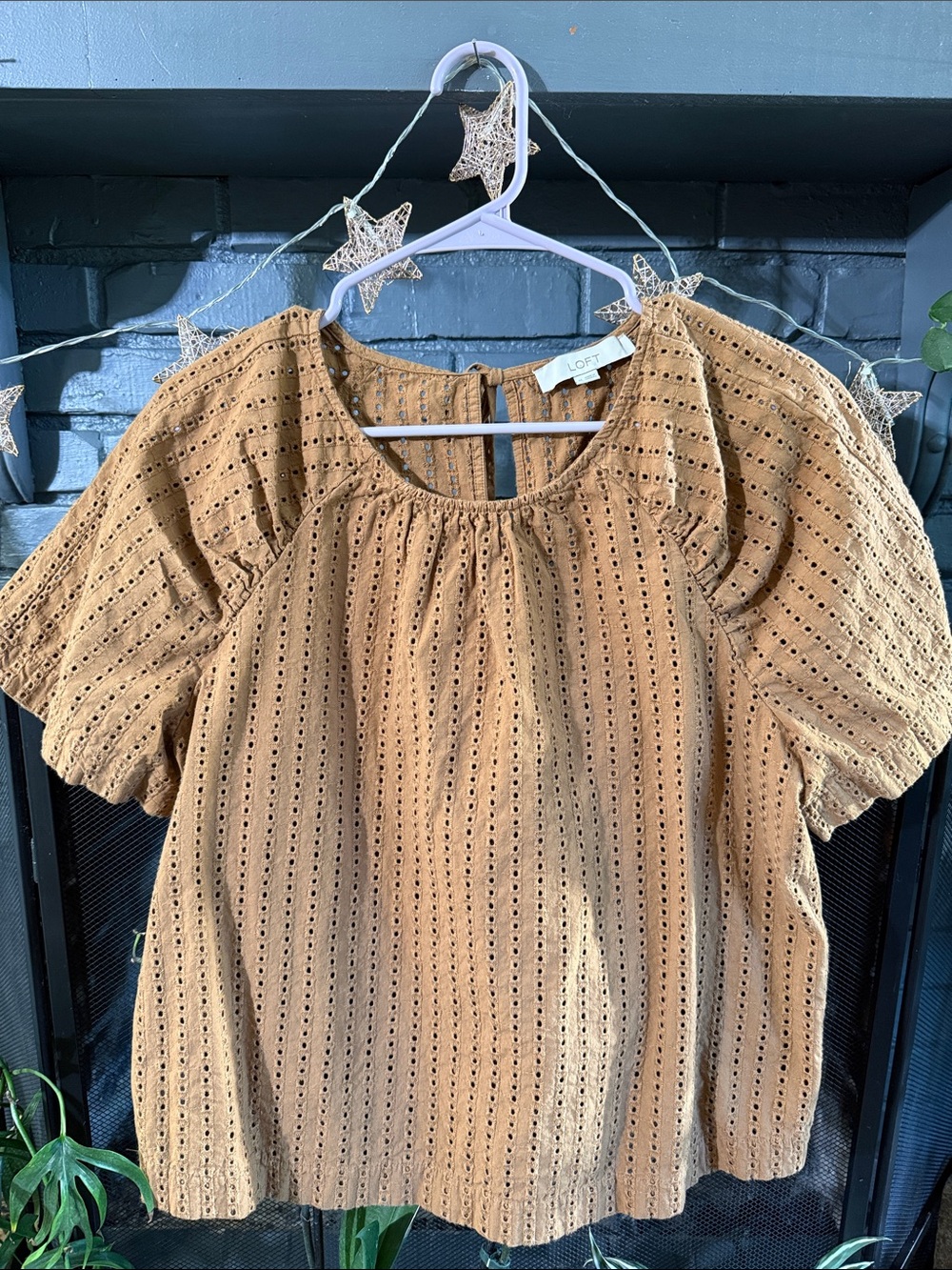 LOFT Camel Eyelet Puff-Sleeve Blouse